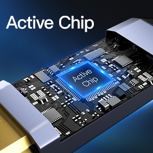 Close-up of a computer chip labeled 'Active Chip' on a circuit board. Blue glow emanates from the central processor against a dark background.