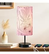 Bedside Table Lamp, Modern Touch Control Desk Lamp with 2 USB Ports &amp; Round Flower Linen Fabric S...