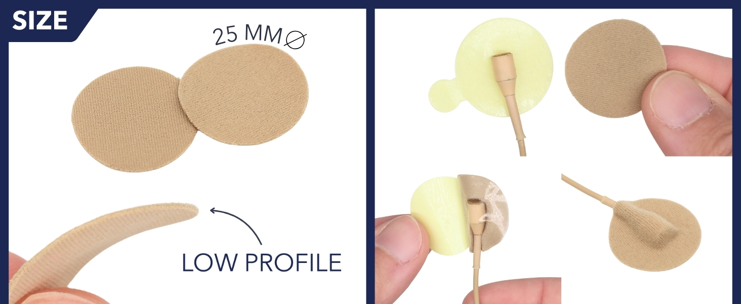 Text reads 'SIZE 25MM' and 'LOW PROFILE'. Series of images showing beige circular adhesive pads or components in various application stages.