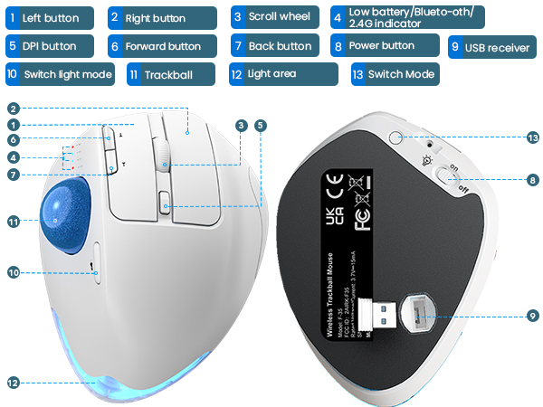 Wireless Trackball Mouse, Ergonomic Bluetooth Rechargeable Computer Mouse