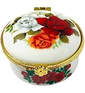 Evenchae Tiny Round Porcelain Trinket Box | Rose Bouquet | French Style Gift Box with Velvet Bag