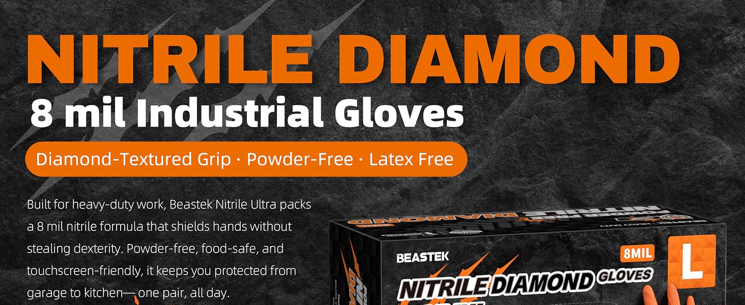 Beastek 8 mil nitrile gloves ultra industrial standard diamond textured grip powder free latex free