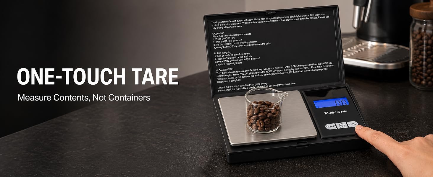 User pressing the tare button while weighing coffee beans in a glass cup.