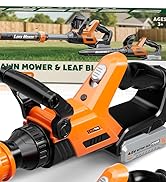 Text reads 'AMHN MOWER &amp; LEAF BLOWER'. Close-up product shot of orange and black battery-powered lawn tool with multiple attachments visible.
