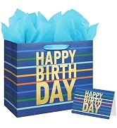 13" Large Blue Gift Bag with Tissue Paper, Card and Handles for Men's Birthday, Kids' or Baby Boy...