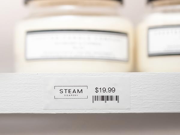 Retail product shelf with label with product name, style number, and barcode