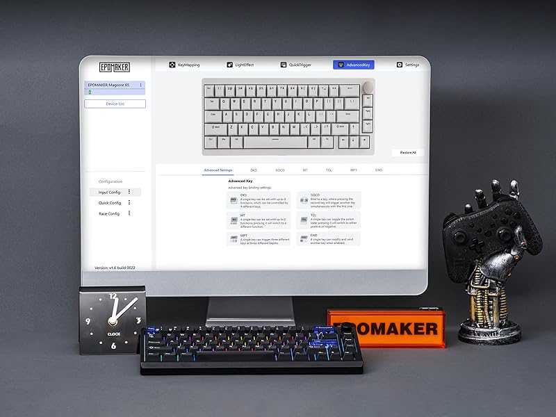 Computer setup with keyboard, monitor display showing interface or dashboard, and additional hardware components. Dark background with technical equipment layout.