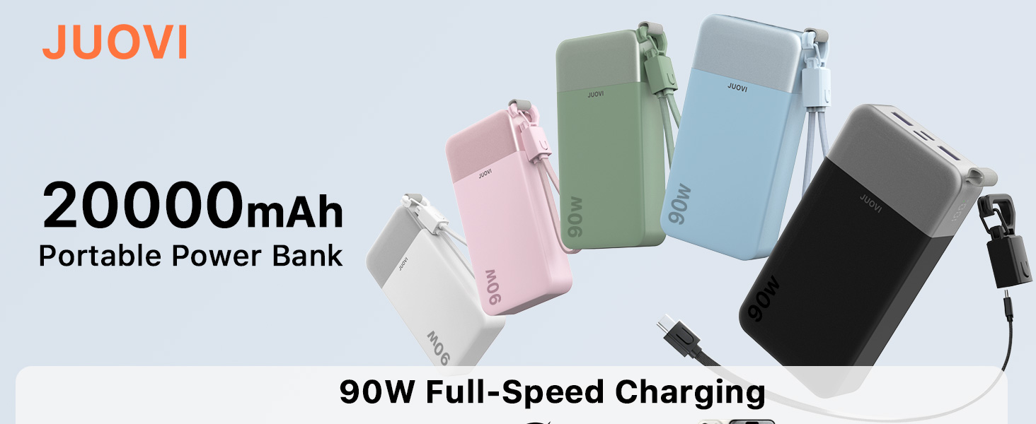 Text reads 'JUOVI', '20000mAh', 'Portable Power Bank', '90W Full-Speed Charging'. Power bank with multiple color options displayed: pink, green, blue, and black.