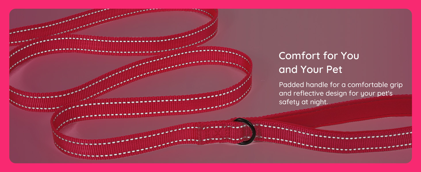 Red pet leash with reflective stitching and double-lined design, featuring comfort grip and safety elements.