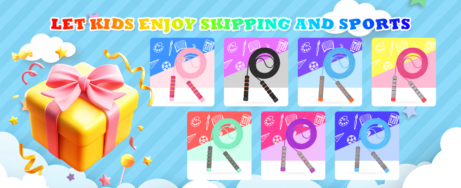 Colorful jump ropes displayed in grid with yellow gift box. Text reads 'LET KIDS ENJOY SKIPPING AND SPORTS'. Ropes shown in various colors with cartoon animal handles.