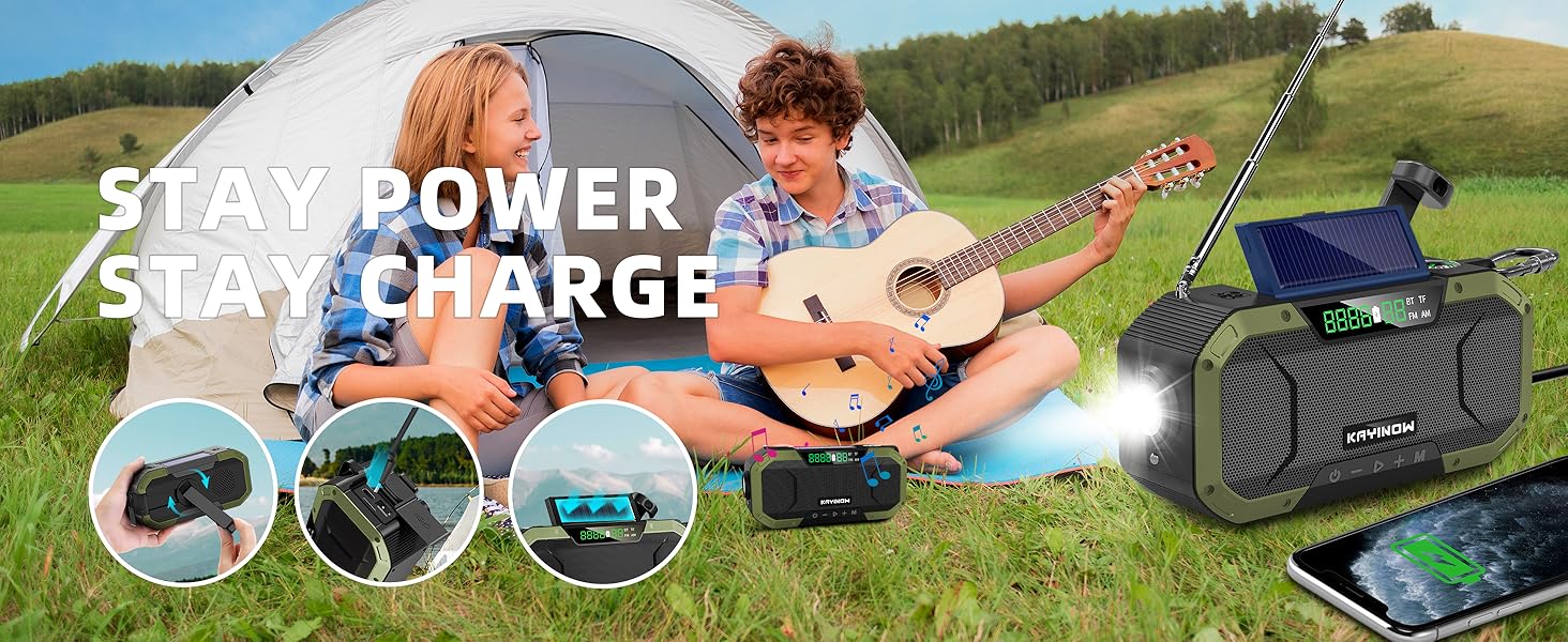 3 way charge:hand-crank,USB-C,and solar.Built-in rechargeable 5000mAh lithium-polymer battery