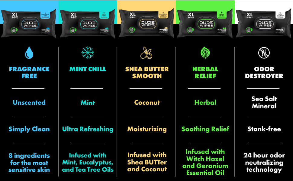 DUDE Wipes Fragrance Free, Mint Chill, Shea Butter Smooth, Herbal Relief, Odor Destroyer