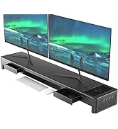 STARVIKY Dual Monitor Stand Riser with Drawers and Audio,4 USB Ports and Charging Pad, Metal Moni...