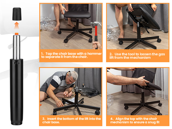 Adjustable chair gas lift cylinder with step-by-step installation guide. Four panels show process of removing old cylinder and inserting new one into office chair base.