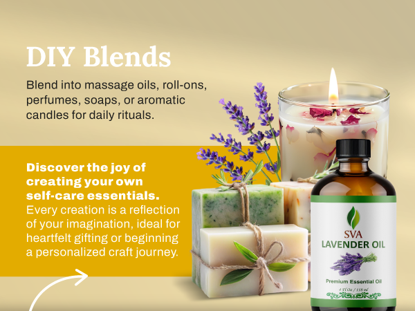 An amber glass bottle of lavender oil is being used for crafting DIY scented candles and soap