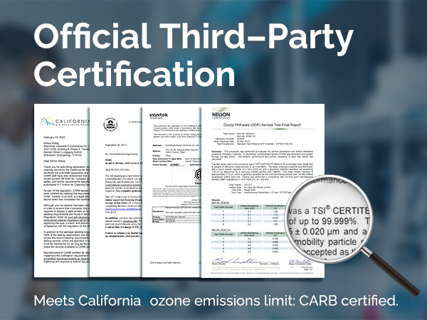 CARB-certified and ETL-listed air purifier badge, meeting US safety and emission standards