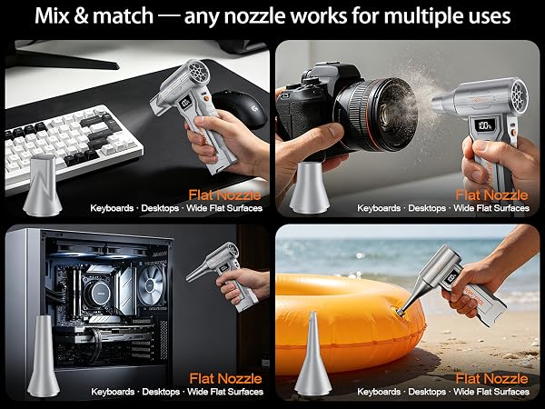 Hopetool S7 Pro air duster with flat, cone S, cone L, and fine nozzles