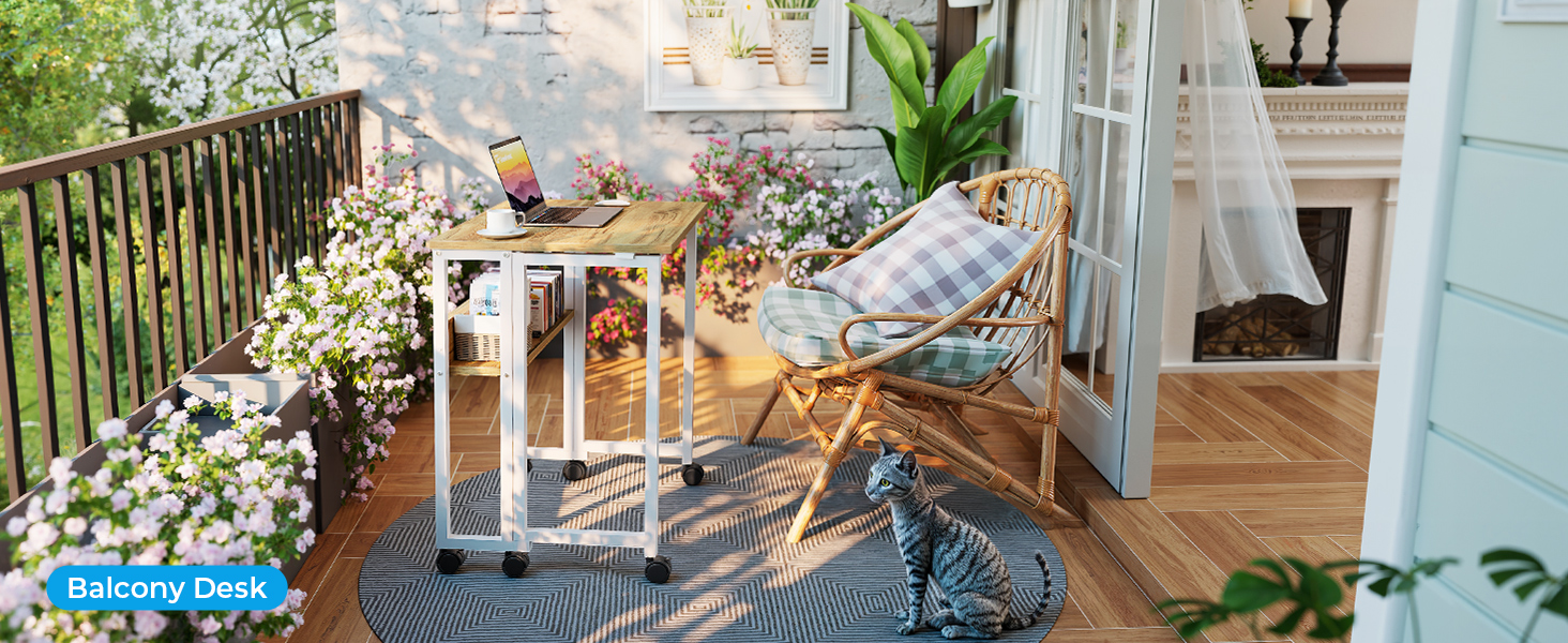 Outdoor patio or balcony scene with wooden furniture, decorative string lights, and potted plants creating a cozy atmosphere.