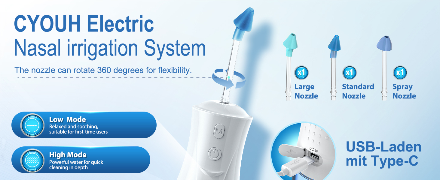 CYOUH Electric nasal irrigation system diagram showing three nozzle types and USB-C charging, with blue control interface buttons.