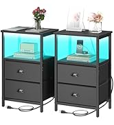 sthmec Nightstand with Charging Station, LED Night Stand Set 2, Bedside Table End Table Set of 2,...