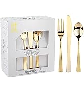 WDF 120 Pieces Gold Plastic Silverware - Disposable Flatware Set - Heavy Duty Plastic Cutlery - S...