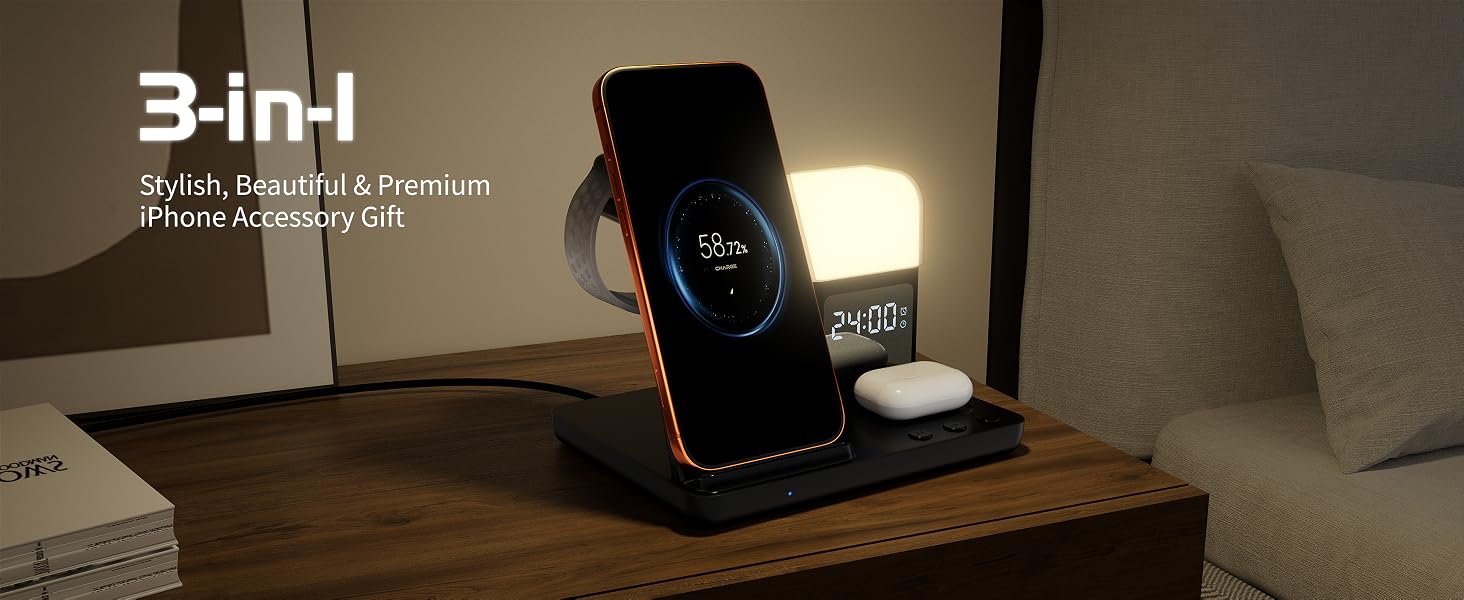 Wireless Charger for iPhone, 6in1 Fast Phone Charger Stand Dock Alarm Clock Night Light