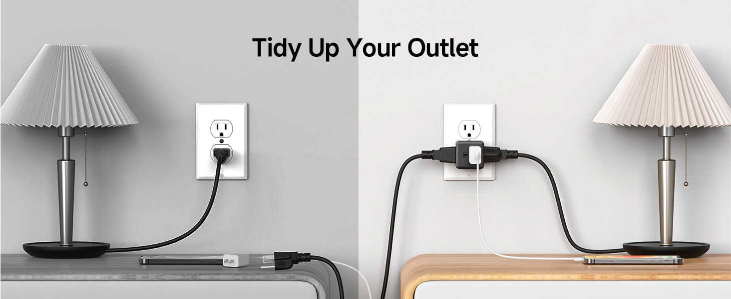 3 outlet cube tap with 90-degree plug for space-saving and efficient power distribution