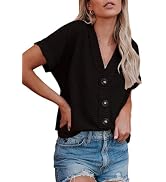 Dokotoo Womens Summer Tops 2025 Waffle Knit Button Down Shirts Casual V Neck Short Sleeve Shacket...