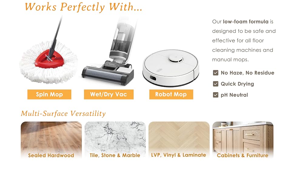 pH neutral multi surface floor cleaner for robot mops, spin mop, hardwood, tile, LVP and laminate
