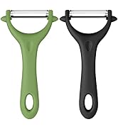 Two vegetable peelers with Y-shaped ergonomic handles, one in green and one in black. Each features a stainless steel blade and finger hole in handle.