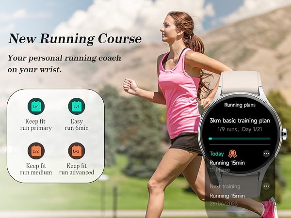 Text reads 'New Running Course: Your personal running coach on your wrist.' Shows smartwatch interface with fitness tracking features alongside image of runner in pink tank top.