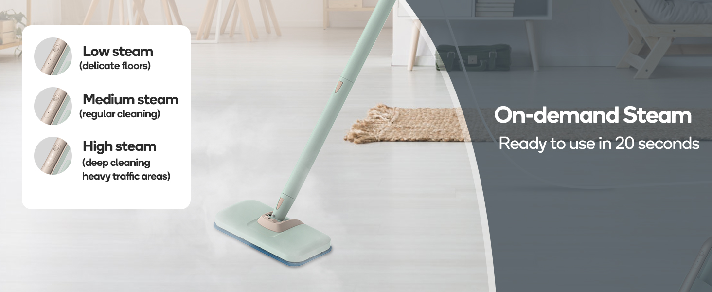 Steam mop with three power settings shown cleaning floor. Interface displays low, medium, and high steam options, with 20-second heat-up time.