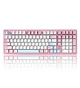 Series of mechanical keyboards with pink and white color schemes shown from different angles, featuring varying layouts and key configurations.