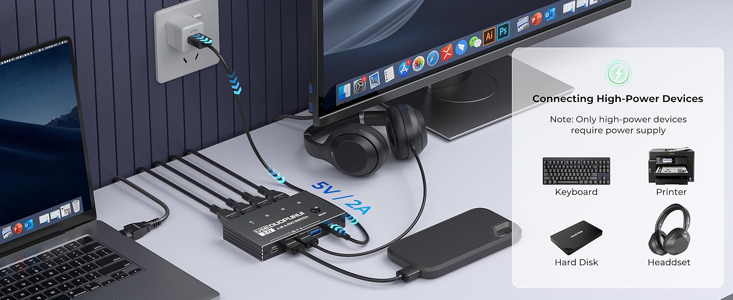 USB 3.0 switcher connect the power cord to a 5V power adapter for stable use