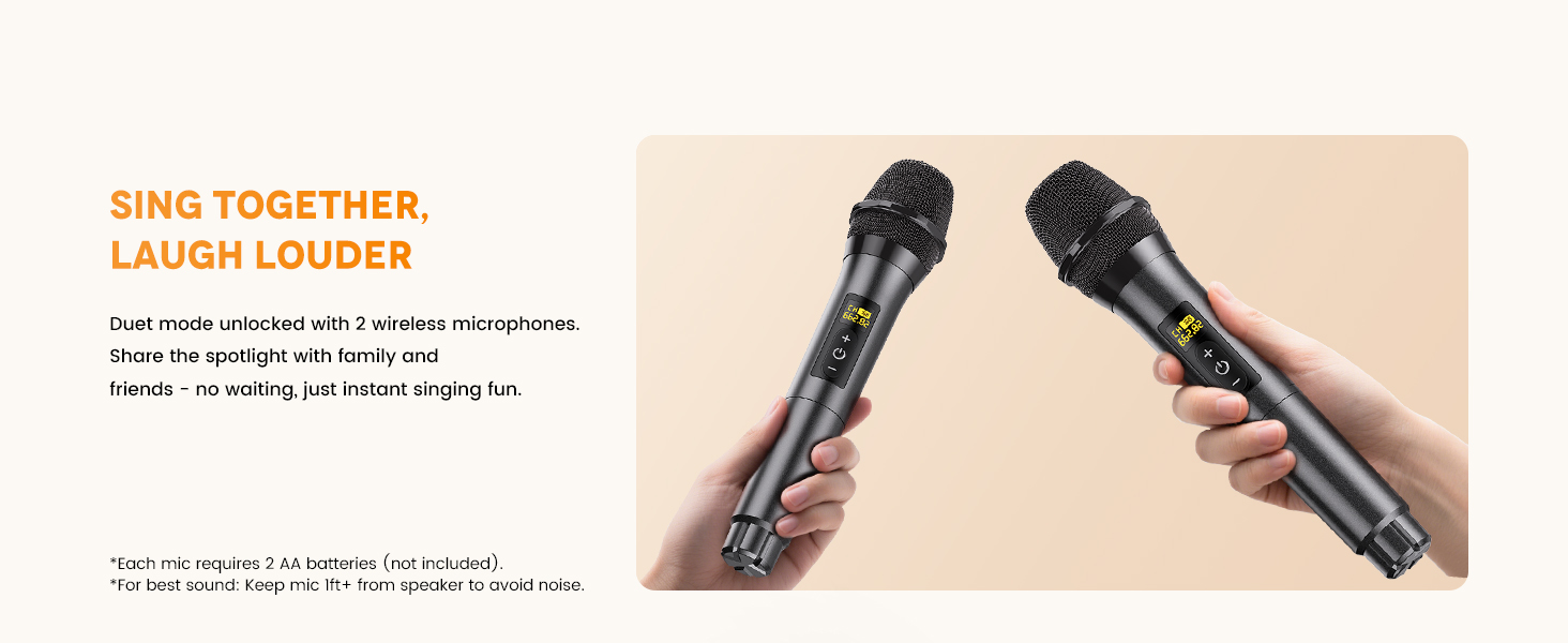 Equipped with two Bluetooth wireless microphones for instant connection and singing.