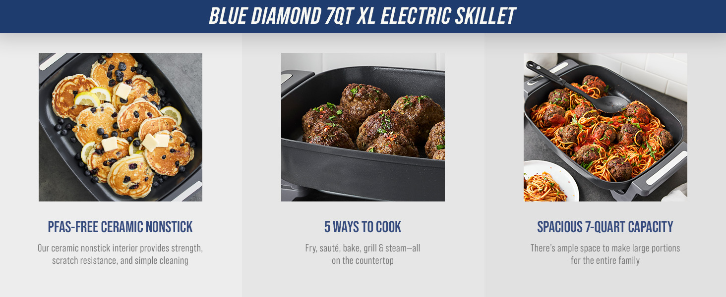 BlueDiamond, Ceramic Nonstick, PFAS-Free, Non-Toxic, Electrics, Electric Skillet