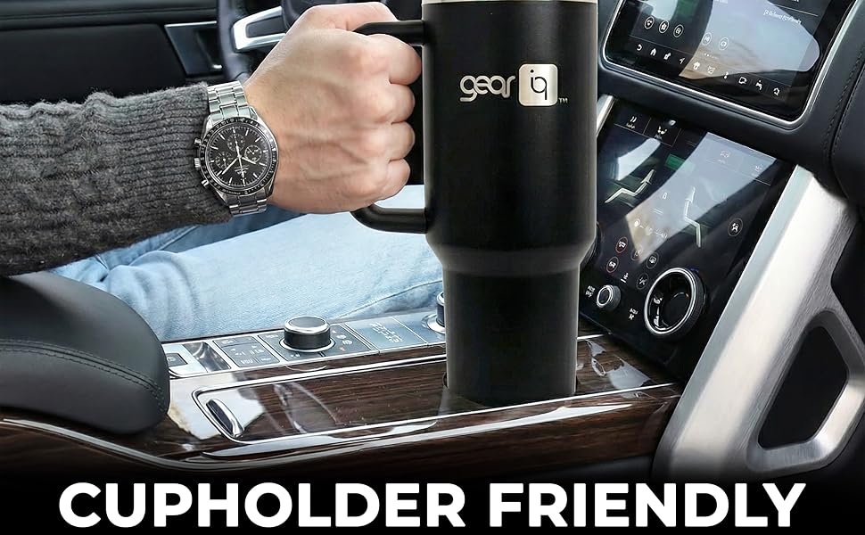 GEAR IQ 40 oz tumbler fitting securely in a standard car cupholder