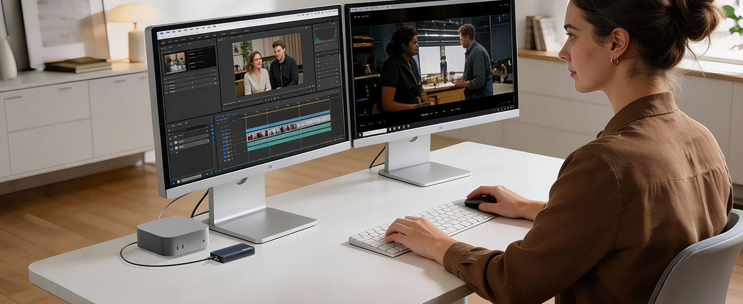 Multiple shots showing someone interacting with a computer desk setup, focusing on keyboard and mouse usage in a well-lit workspace.