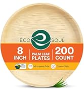 ECO SOUL 8 Inch Disposable Palm Leaf Plates [200 Pack] Premium Food-Safe Heavy Duty Compostable B...