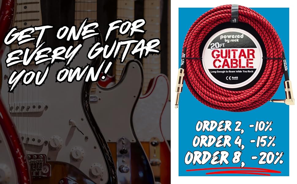 Grab a Powered By Rock guitar cable for your amp, pedalboard, gig bag and studio