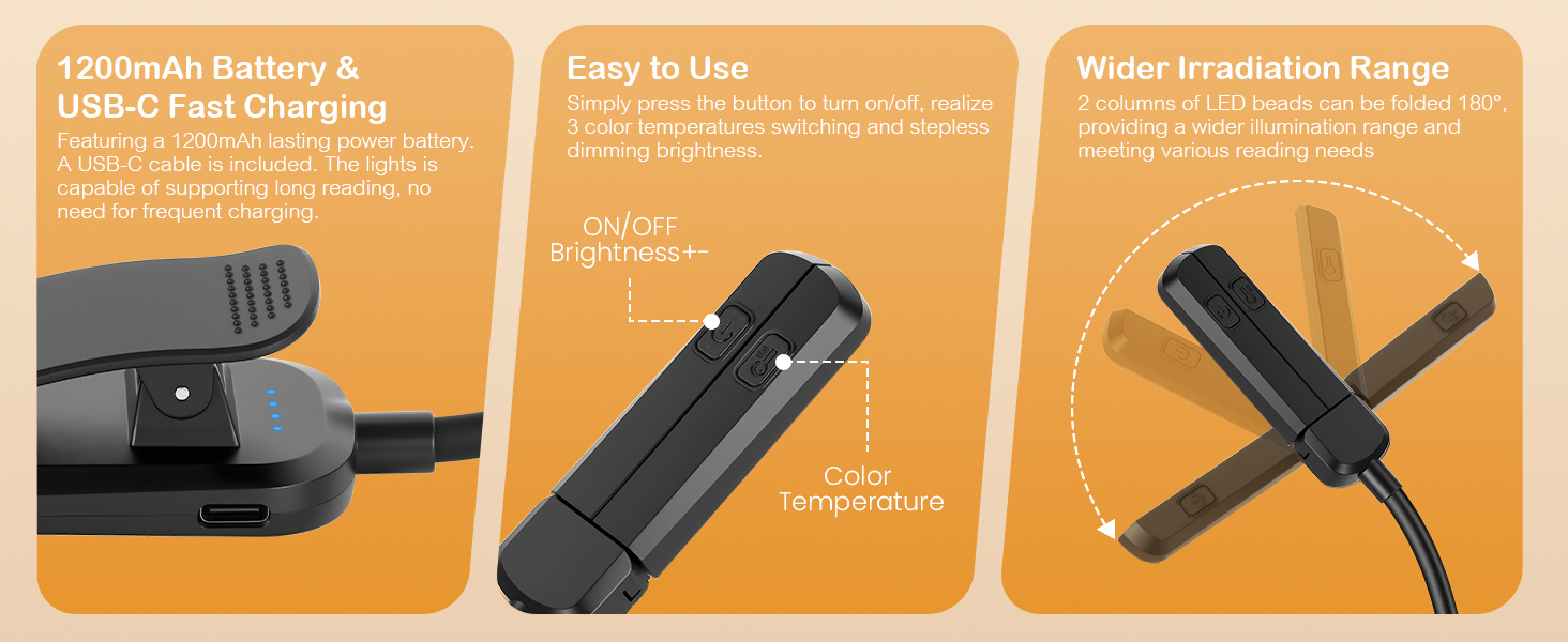 360° flexibly bendable book light, Multi functional adjustment of color temperature and brightness