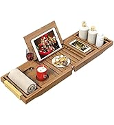 Bathtub Tray Bath Caddy Tray for Tub - Expandable Board and Book Stand Premium Leather Grip and N...