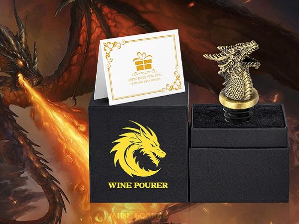 Dragon-themed wine pourer set with gold metallic dragon figurine, black presentation box, and decorative certificate against fiery background.