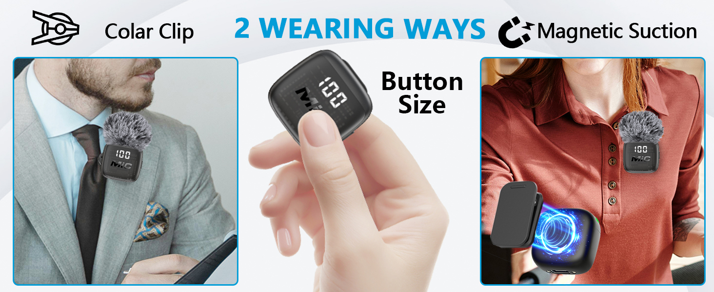 Text reads 'Solar Clip', '2 WEARING WAYS', 'Magnetic Suction', 'Button Size'. Small wearable device displayed in three wearing configurations: clipped to jacket, held in hand, and mounted on shirt.