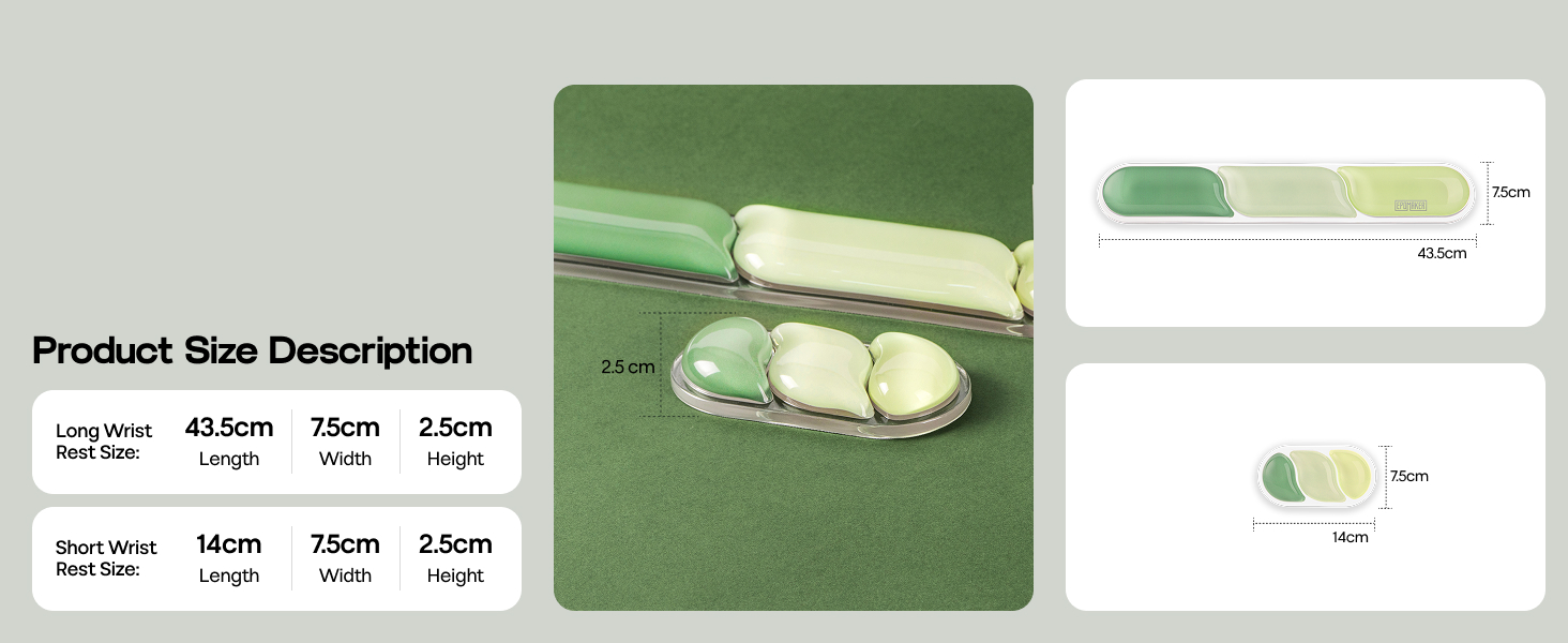 Product Size Description chart showing measurements in centimeters for different product dimensions. Green product case displayed open with white item inside, accompanied by size specification diagrams and product packaging mockups on right.