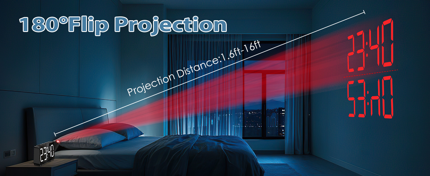 Projection Alarm Clocks for Bedrooms, Large LED Display Digital Clock with 180° Rotatable Projector