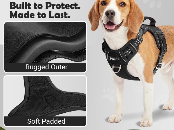 Text reads 'Built to Protect. Made to Last.' 'Rugged Outer' 'Soft Padded'. Black pet harness showcasing construction features with product shots on a beagle model.