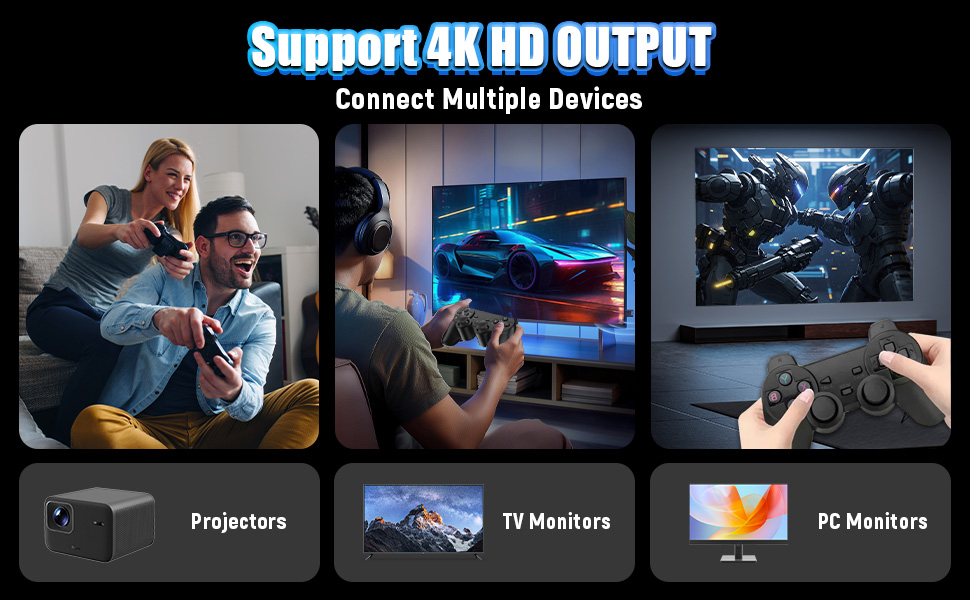 Text reads 'Support 4K HD OUTPUT'. Marketing display showing multiple electronic device screens and technical specifications with interface elements.