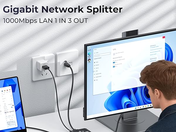 Ethernet splitter supports sharing of a single Ethernet line among three computers simultaneously.