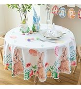 Karseteli Round Easter Tablecloth, Easter Colorful Eggs and Cute Bunny Table Cloth Washable Sprin...